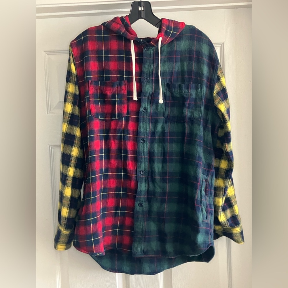 PacSun Plaid Color Block Hooded Long Sleeve Men's Shirt Large